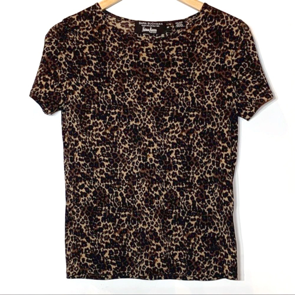 Euc Dana Buchman Leopard Print Short Sleeve Brown, Black And Tan Shirt